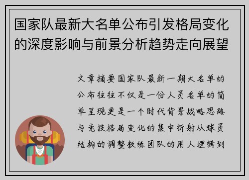 国家队最新大名单公布引发格局变化的深度影响与前景分析趋势走向展望 国家队最新大名单公布引发格局变化的深度影响与前景分析趋势走向展望